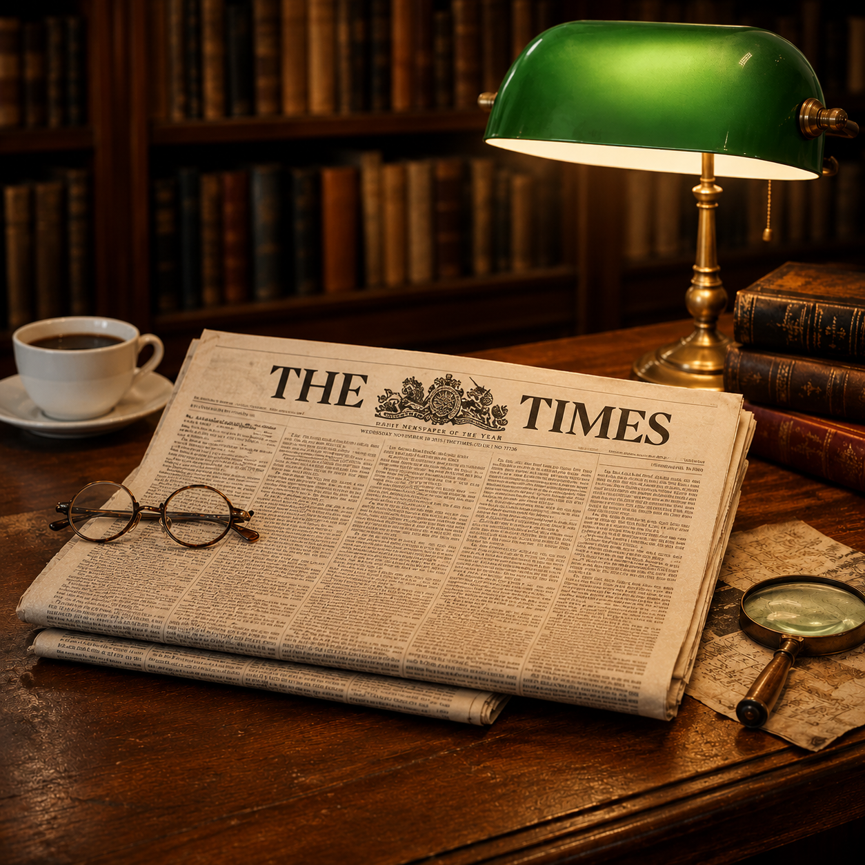 Escritorio con The Times, lámpara de banquero y libros antiguos